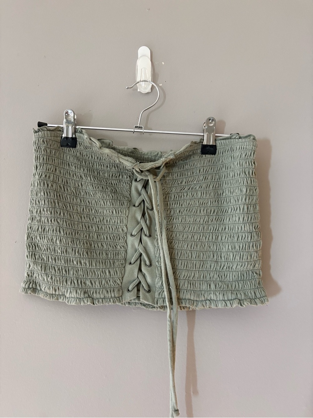Aeropostale Sage Green Smocked Crop Top with Front Lace-Up